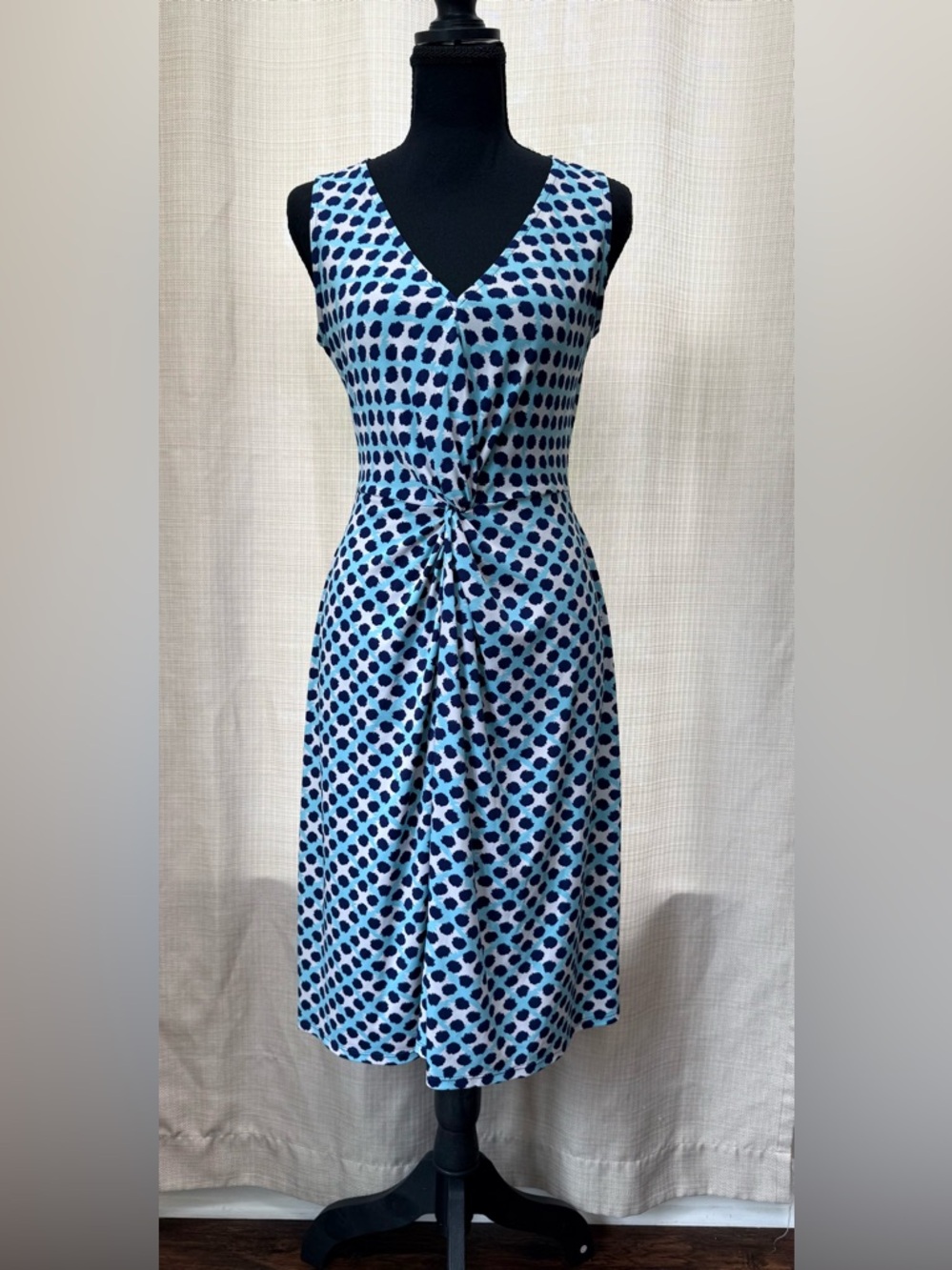 Leota Blue Polka Dot Knot Front Dress Sleeveless V Neck Sz S Workwear NWOT